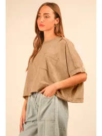 Mineral Washed Oversized Crop Comfy Knit Top – Small, Taupe