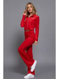 Mock Neck Zip Up Jacket & Rhinestone Flare Pants Velour Set – Medium, Red