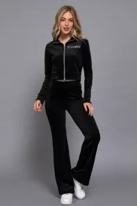 Mock Neck Zip Up Jacket & Rhinestone Flare Pants Velour Set – Small, Black