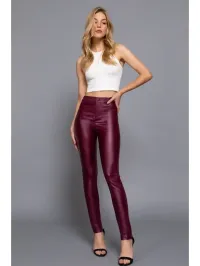 Faux Leather Coated Long Pants – Large, Wine