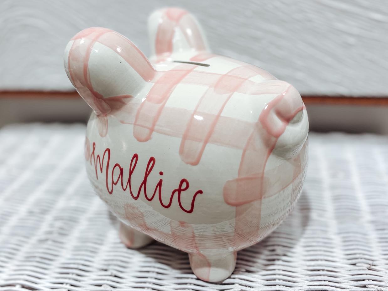 Pink Gingham Piggy Bank – Image 1