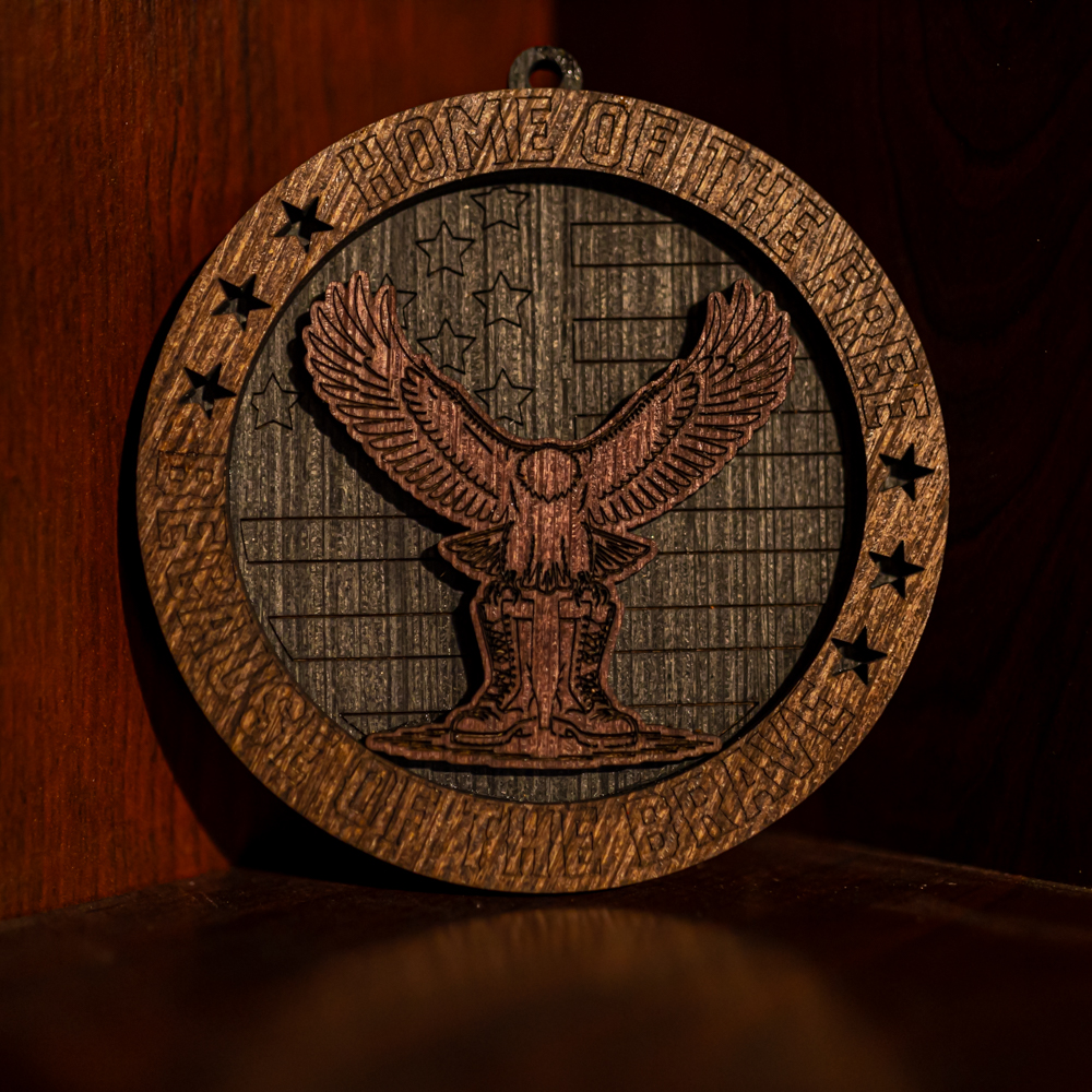 Handcrafted 3-Layer Veterans “Land of the Free” Wooden Plaque – small 3.5", Veteran Eagle
