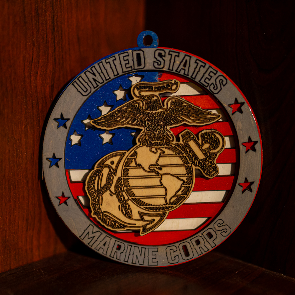 Handcrafted 3-Layer Wooden US Marine Corps Emblem – Hand-Painted Military Ornament – Small 3.5", Gray outline