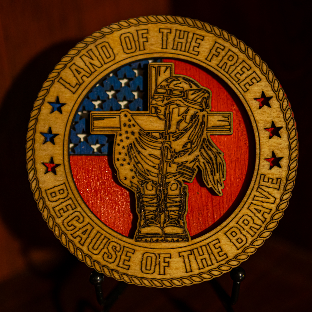 Handcrafted 3-Layer Veterans “Land of the Free” Wooden Plaque – small 3.5", logo flag stained