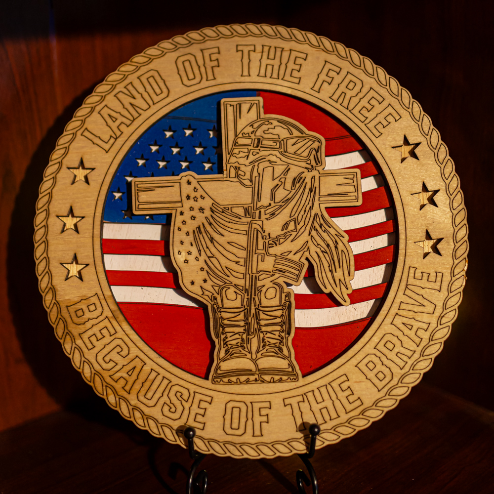 Handcrafted 3-Layer Veterans “Land of the Free” Wooden Plaque – small 3.5", Logo Full Flag