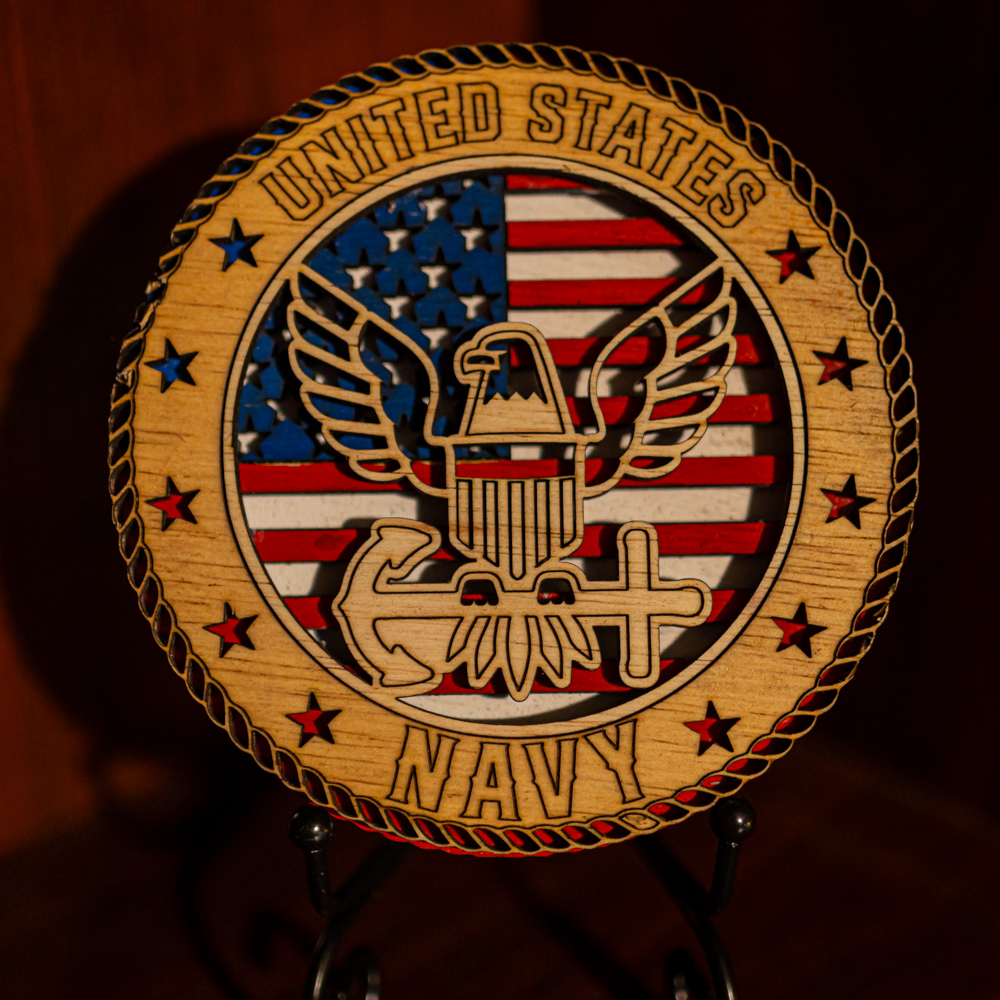 Handcrafted 3-Layer Wooden U.S. Navy Emblem – Hand-Painted Military Ornament – small 3.5", Stained outline