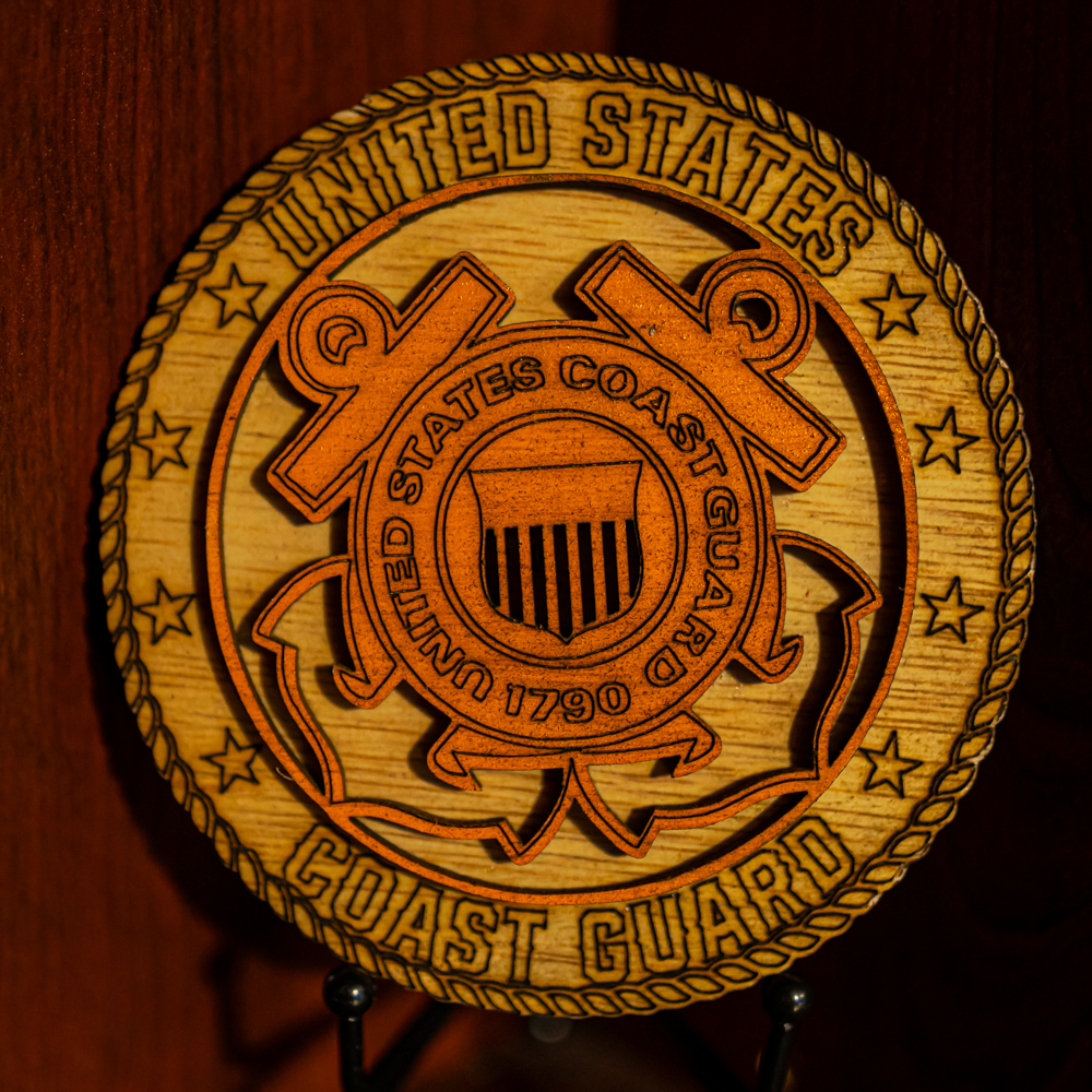 Handcrafted 3-Layer Wooden U.S. Coast Guard Emblem – Hand-Painted Military Ornament – small 3.5", Orange Logo
