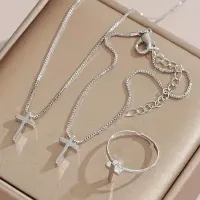 3-Piece Minimalist Cross Pendant Necklace, Bracelet, and Ring Set – Image 2
