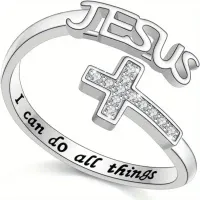 Jesus Glass Rhinestone Inlay Cross Ring – Image 1