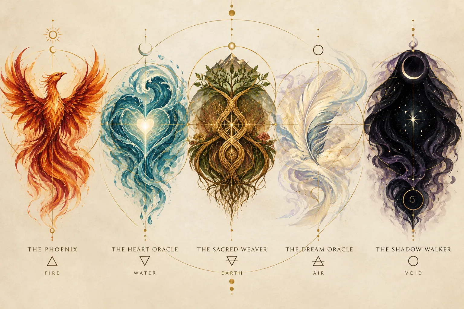 The five WILD archetypes painted side by side on parchment within gold sacred geometry: The Phoenix, a fire bird, for Fire; The Heart Oracle, a wave curling around a glowing heart, for Water; The Sacred Weaver, a tree with braided golden roots, for Earth; The Dream Oracle, a white feather in swirling mist, for Air; and The Shadow Walker, a starry black form beneath a crescent moon, for Void