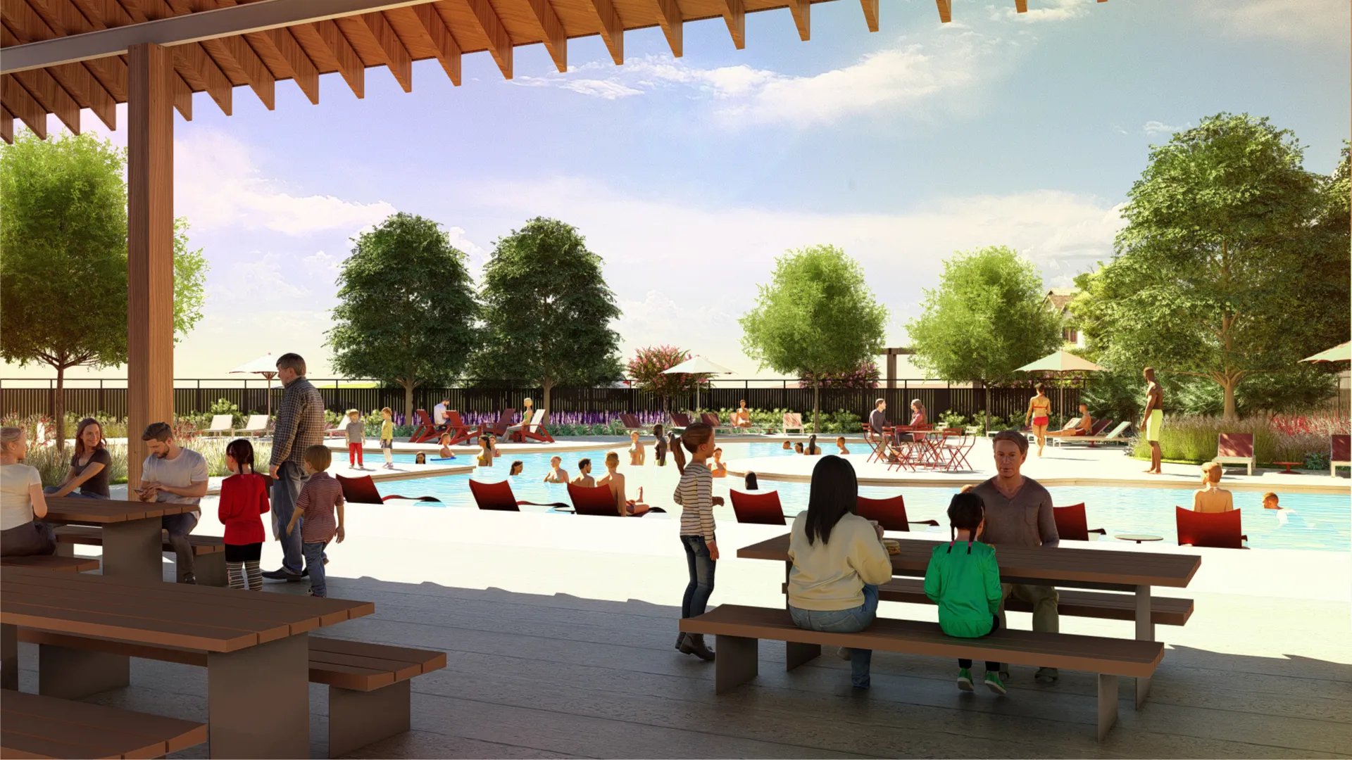 Families at a resort-style community pool