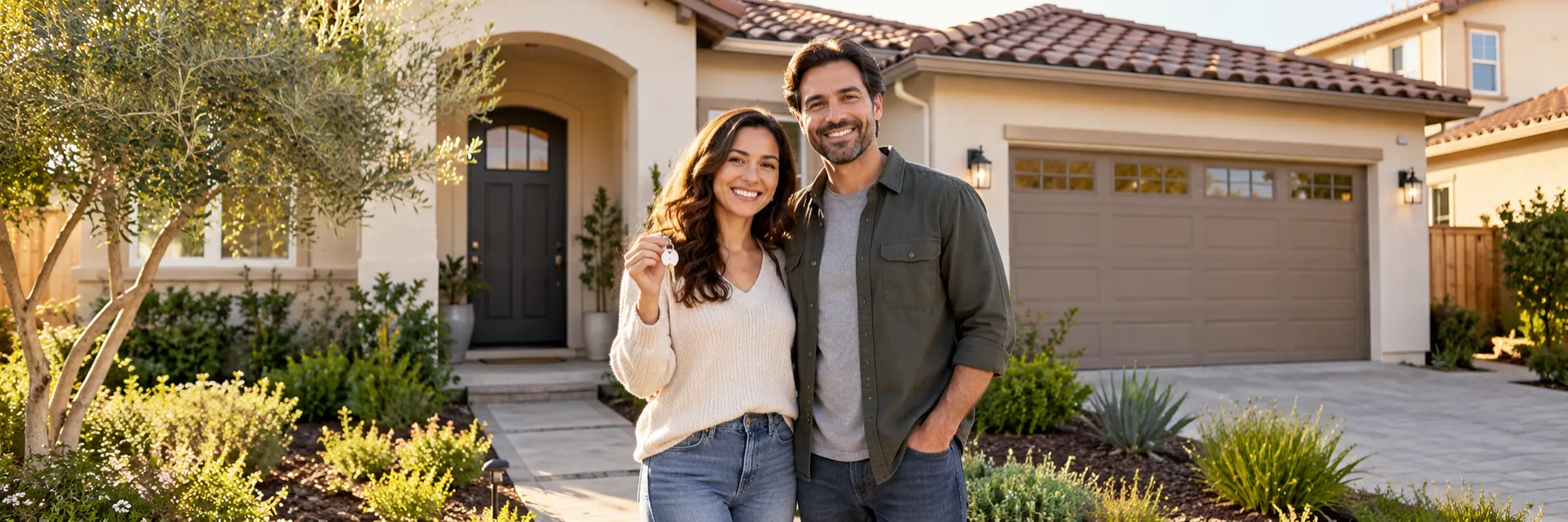 Smiling homebuyers holding the keys to their new home