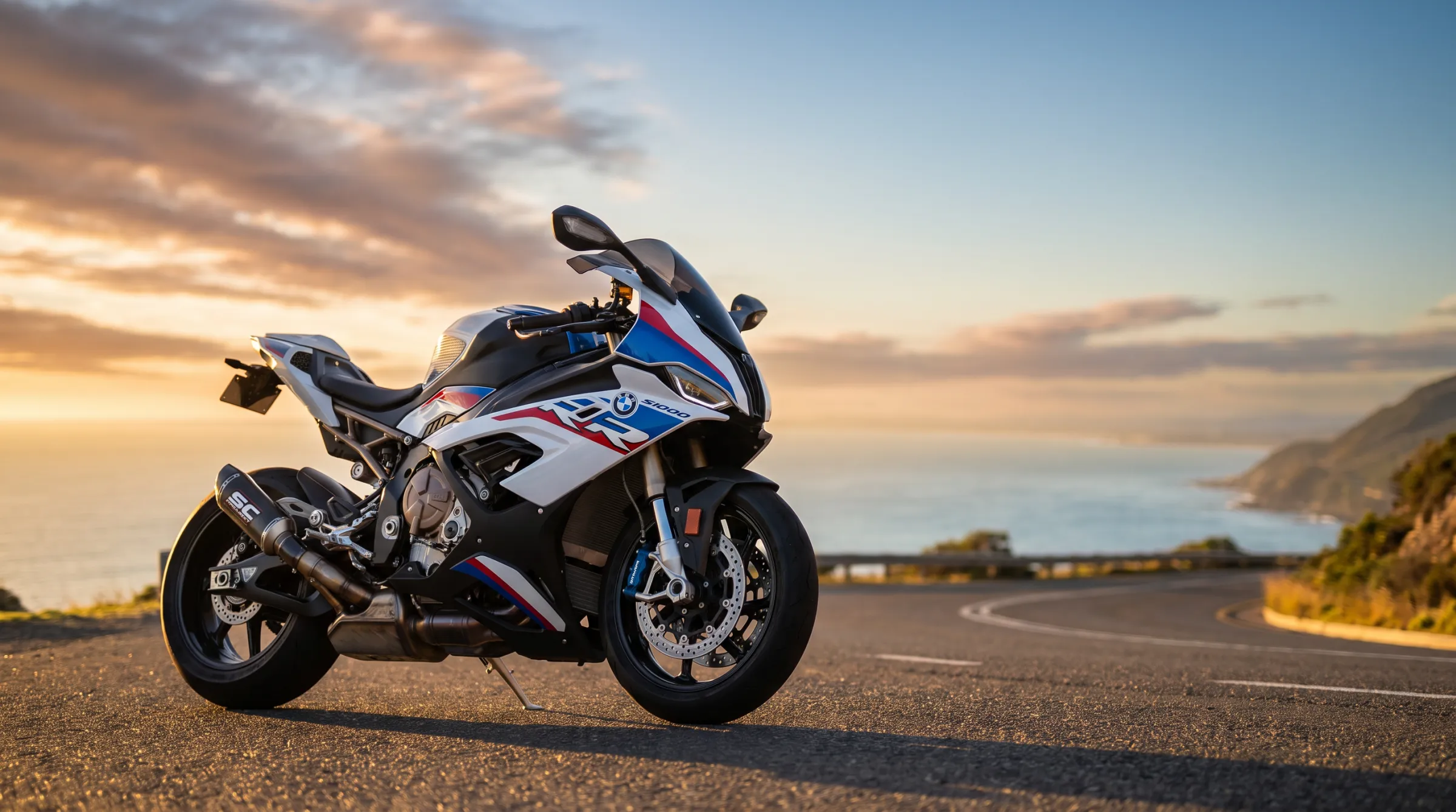 White, blue and red BMW S1000RR on a coastal road at sunset
