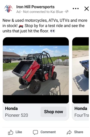 Facebook feed carousel ad from Iron Hill Powersports featuring a Honda Pioneer 520