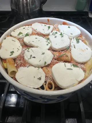 Baked Rigatoni with fresh garden veggies 