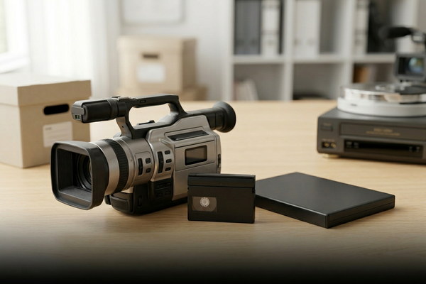 MiniDV camcorder and tape on a desk for DVD conversion in the UK