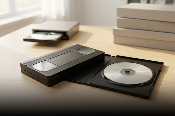 Full-size VHS cassette beside a DVD case on a desk for VHS to DVD conversion in the UK