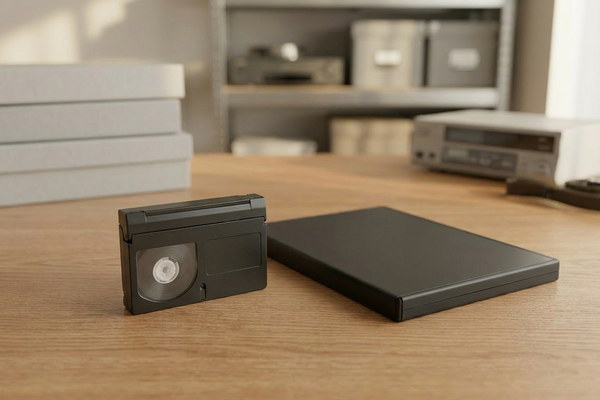 Compact VHS-C cassette beside a DVD case for camcorder tape conversion in the UK