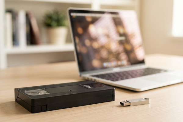Videotape, USB drive and laptop showing tape to MP4 digital conversion in the UK