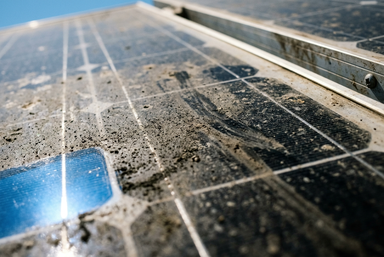 Industrial solar panel array on a Malaga warehouse, before professional cleaning