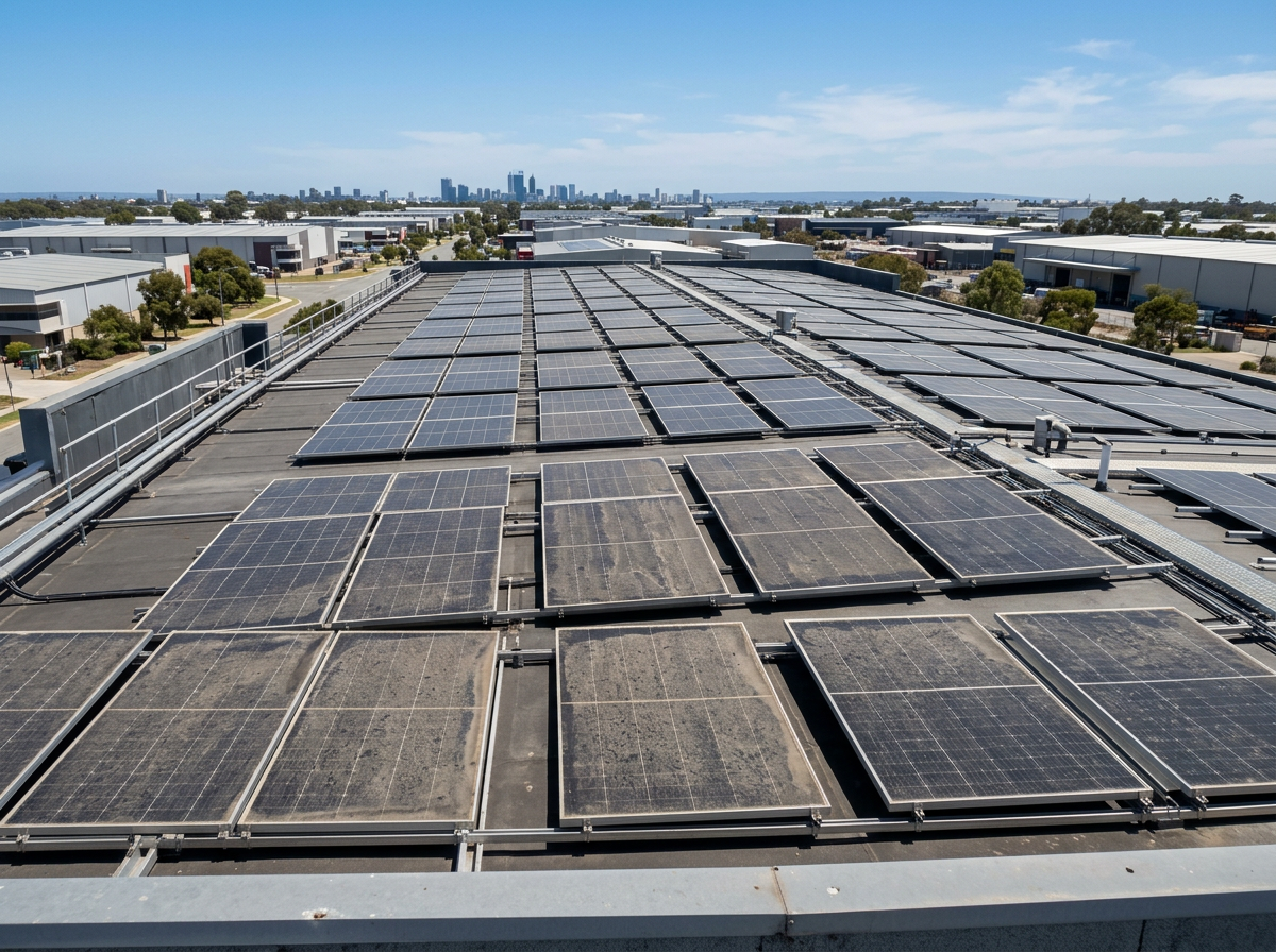 Commercial solar panel cleaning on a Malaga warehouse rooftop