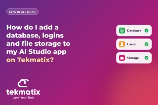 How do I add a database, logins and file storage to my AI Studio app on Tekmatix?