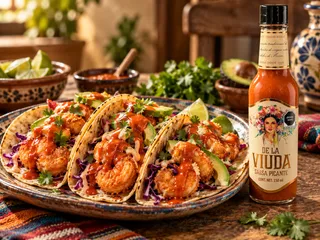 Tacos de camarón crujiente con Salsa De La Viuda
