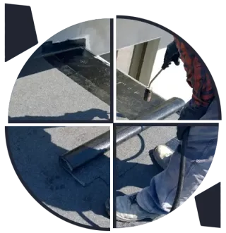 Worker torching down a modified bitumen flat roof membrane