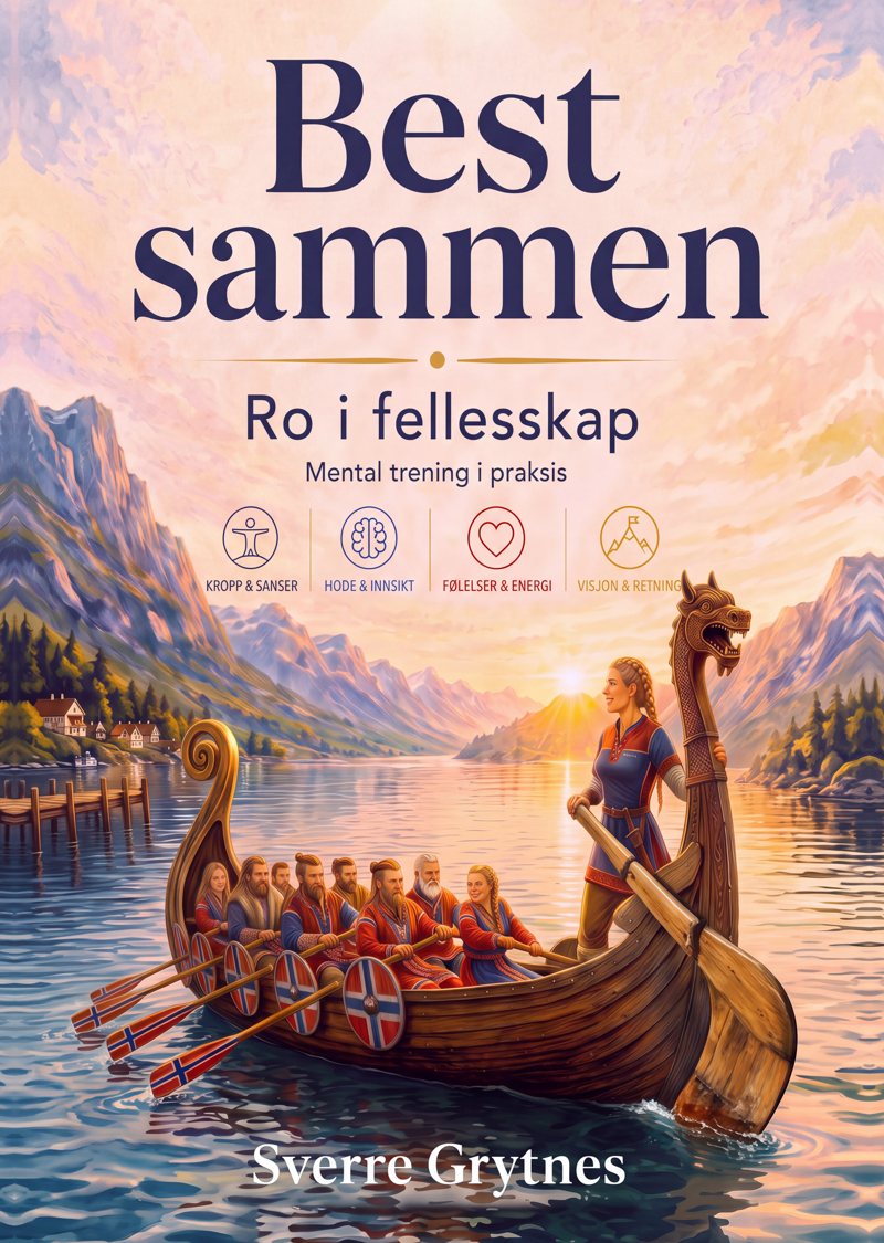Bokforsiden til Best sammen – Ro i fellesskap, med et vikingskip og mannskap som ror sammen i solnedgang