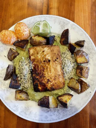 Dr. Adame's Glazed Teriyaki Tofu, Miso Guac, and Roasted Potatoes