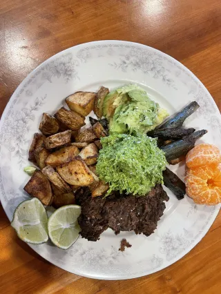 Beans, Roasted Rosemary Potatoes, Asparagus, Avocado, Pesto