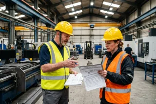 Manchester factory manager reviewing industrial cleaning contractor credentials during a pre-contract site meeting