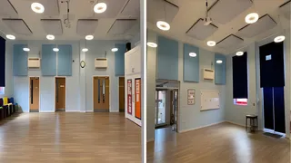 Two views of light-blue wall panels and white ceiling panels in Pickering Methodist Church's main hall.