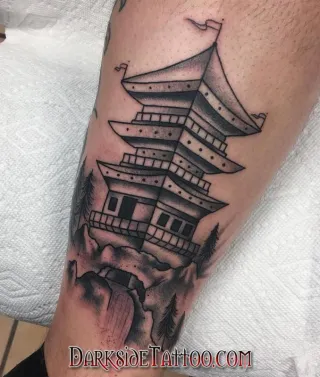 Black and Gray Oriental House Tattoo