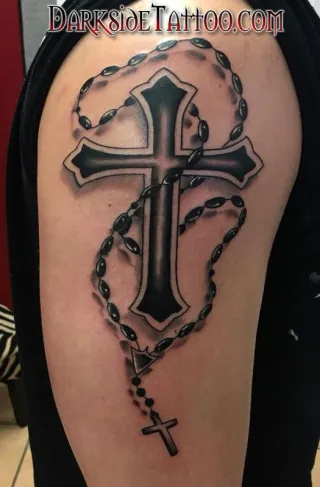 Black and Gray Cross and Rosary Tattoo