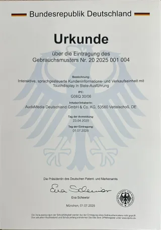 AudaMedia erhält weitere Urkunde vom Deutschen Patent- und Markenamt