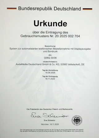 AudaMedia erhält Schutzrecht für sein Telefon-KI-Bestellsystem vom Deutschen Patent- und Markenamt