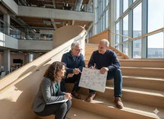 Two business coaches guiding an entrepreneur through strategy and product development in a modern, dynamic workspace, representing overcoming growth obstacles.