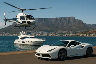 Luxury yacht, helicopter, and sports car in Cape Town