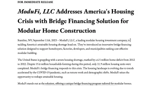 ModuFi, LLC Addresses America's Housing Crisis with Bridge Financing Solution for Modular Home Construction