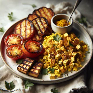 Tofu Scramble with Grilled Tomatoes and Hash Browns