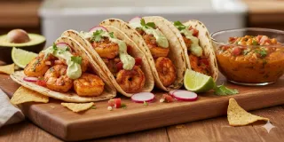 Spicy Burnt Orange Salsa Shrimp Tacos with Avocado Crema