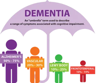 What are the main types of dementia, and how do they diff er