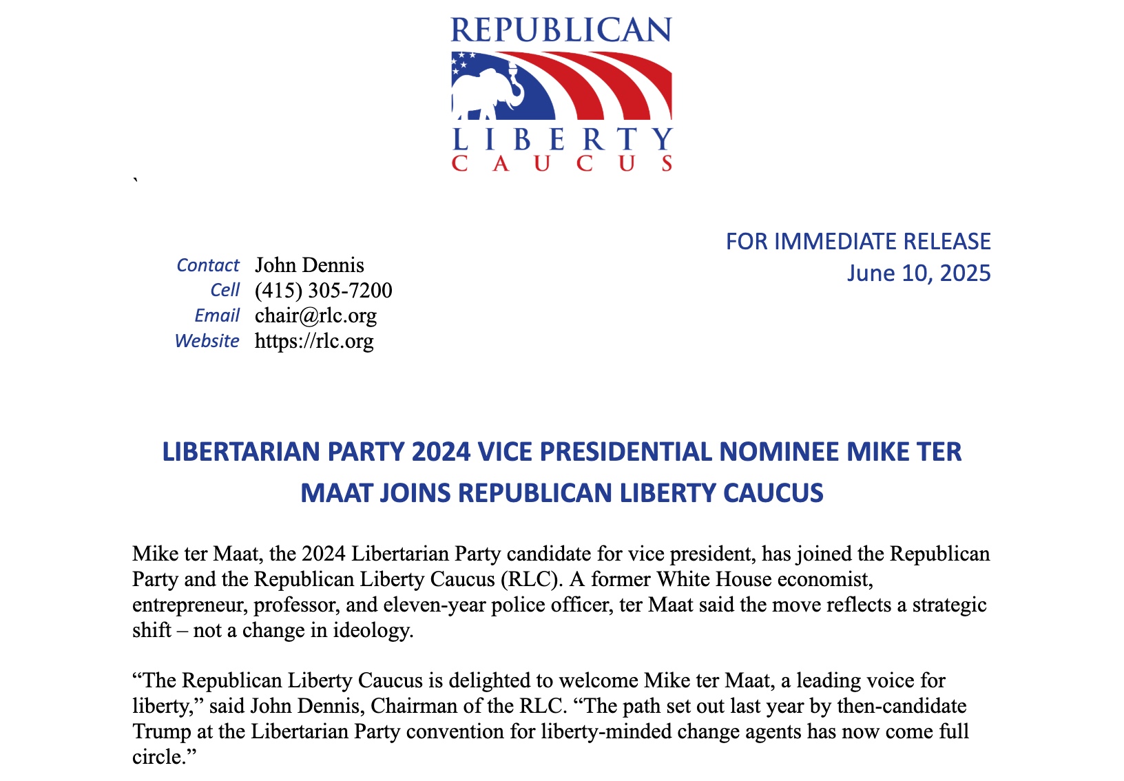 Libertarian Party 2024 Vice-Presidential Nominee Mike ter Maat Joins Republican Liberty Caucus