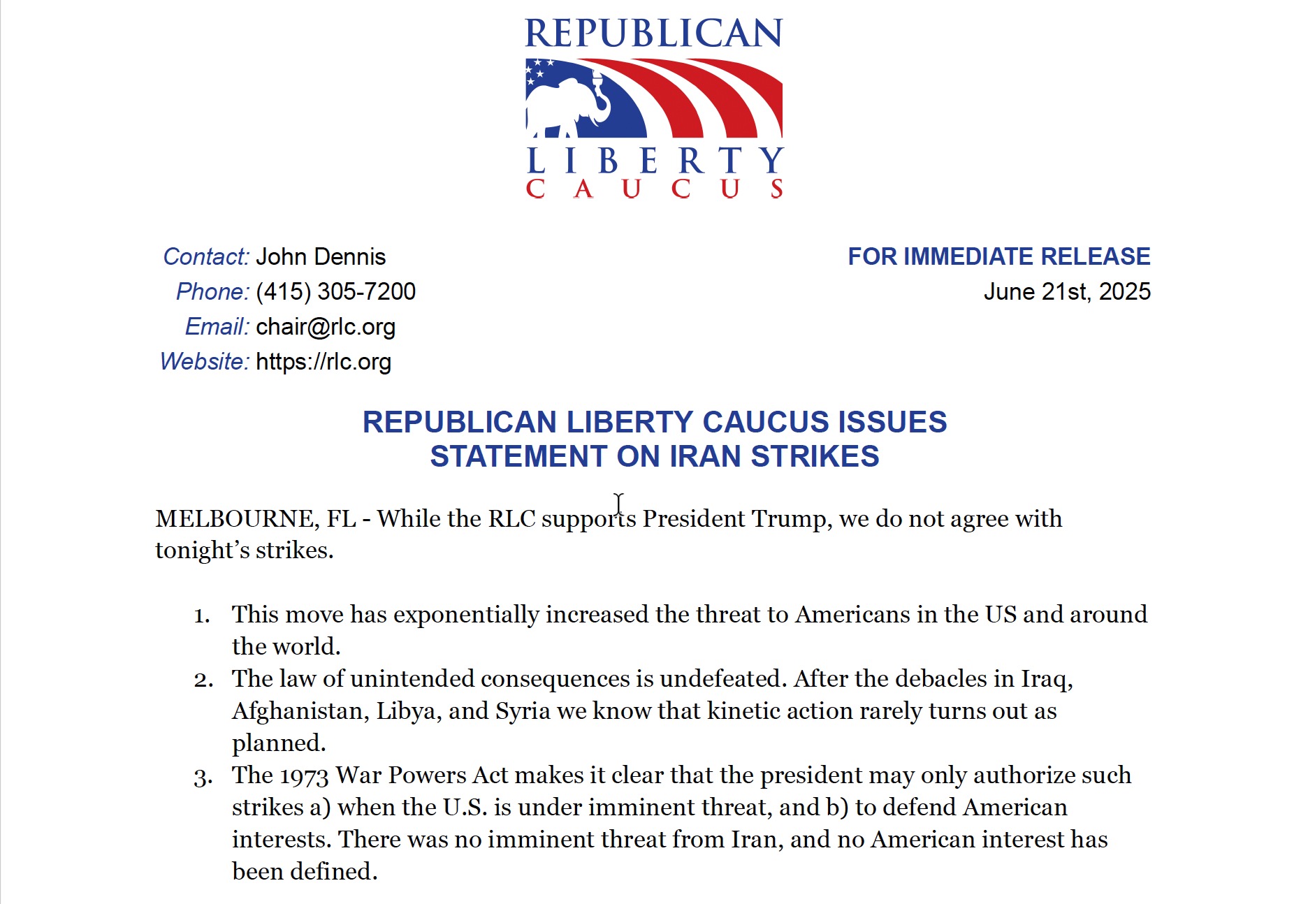 RLC Statement on June 21st Iran Strikes