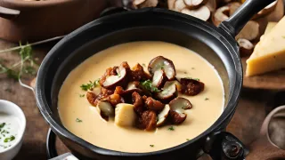 Fondue de queso con chorizo y champiñones