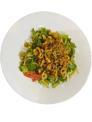 Chicken strips on garden salad