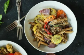 Basil Pesto Pasta with Roasted Veggies