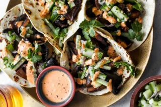 Eggplant Mushroom Tacos with Cucumber Slaw and Kimchi Cream