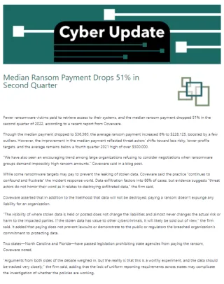 Cyber Update – Median Ransom Payment Drops 51% in Second Quarter